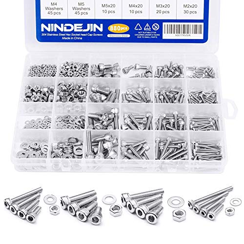 NINDEJIN 880Pcs M2 M3 M4 M5 Stainless Steel Precise Metric Hex Socket Head Cap Machine ScrewsRound Flat Socket Bolts and Nuts Set and Washers Assortment Kit Wrench (Stainless Steel Hex Round)