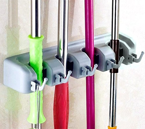 CFStore Non Slide Broom and Mop Holder 4 Position with 5 Hooks Garage Storage Systems Rack Organizer wall Mounted Garden Tool Storage Sports Equipment Holder 4-Position BH-02